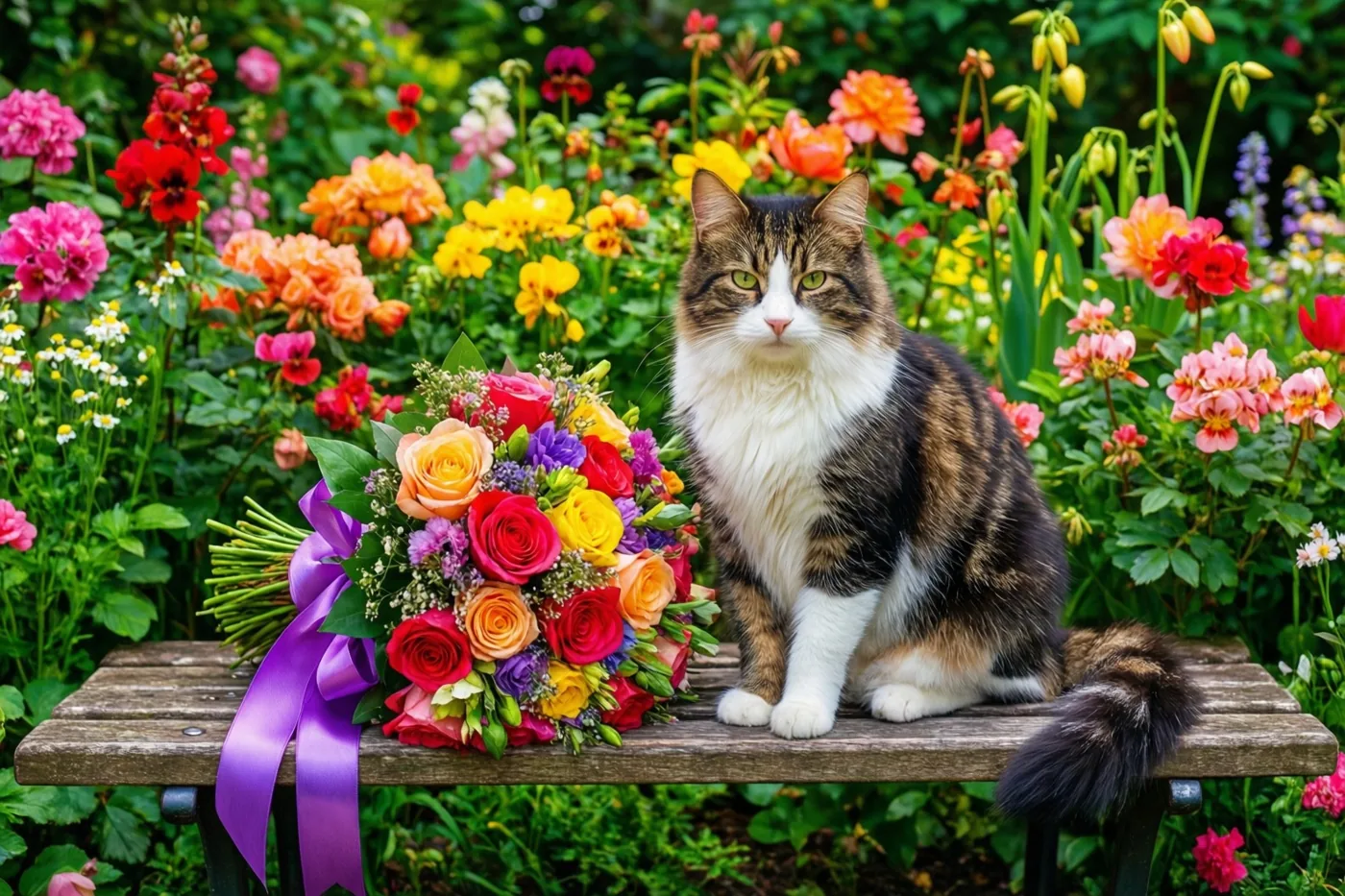 Een pluizige gestreepte kat met witte vlekken zit op een houten tuinbank naast een kleurrijk boeket met een paars lint, omringd door rode, oranje, gele en roze tuinbloemen.