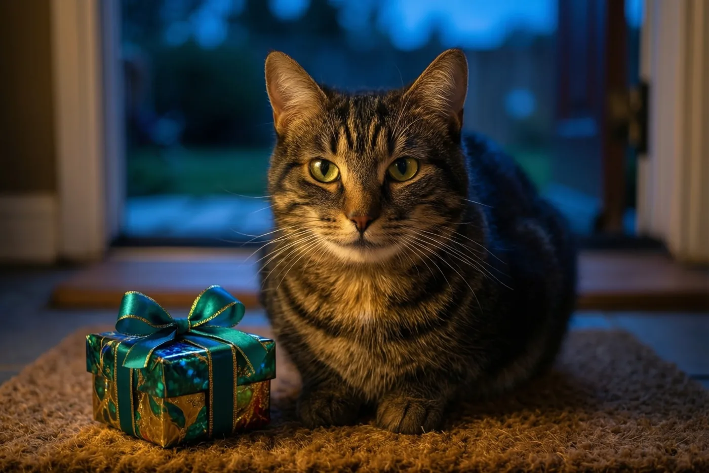 Een gestreepte kat zit bij schemering binnen op een bruine deurmat naast een doosje in groen en goud papier met een blauwgroene strik, met een blauw getint raam op de achtergrond.