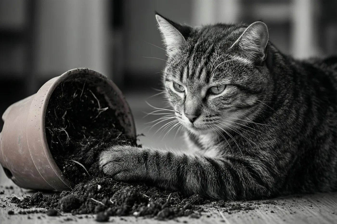 Een tijgerkat ligt op een houten vloer met een poot op aarde die uit een omgevallen plantenpot is gevallen, op een zwart-witfoto.