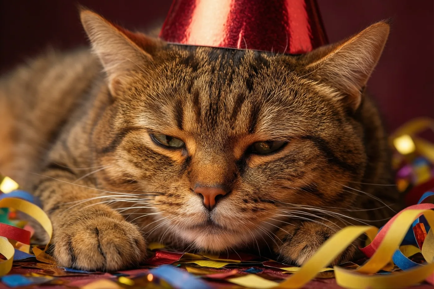 Een gestreepte kat met een rood feesthoedje ligt plat tussen kleurrijke slingers en kijkt ongeïnteresseerd tegen een donkere, warm belichte achtergrond.