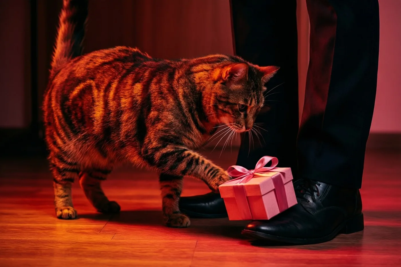Een gestreepte kat legt een roze cadeaudoosje met lint bij de voeten van iemand met zwarte schoenen en een zwarte broek op een houten vloer in warm rood licht.