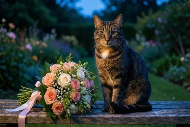 Merci met rozen en een kat