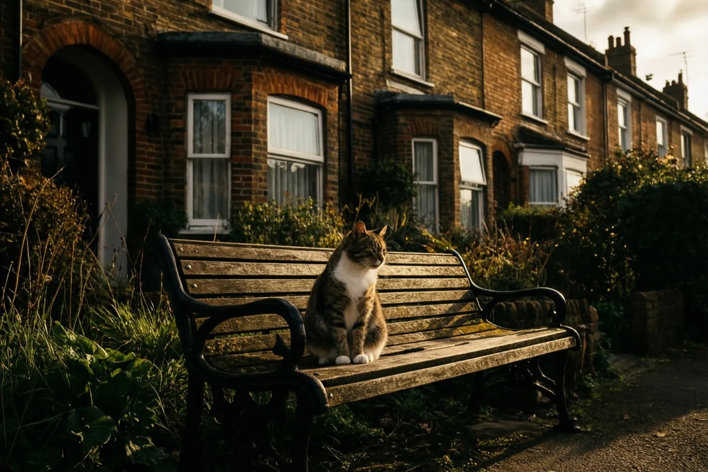 Een gestreepte kat met een witte borst zit op een houten bank voor een rij bakstenen huizen in warm, goudkleurig zonlicht.