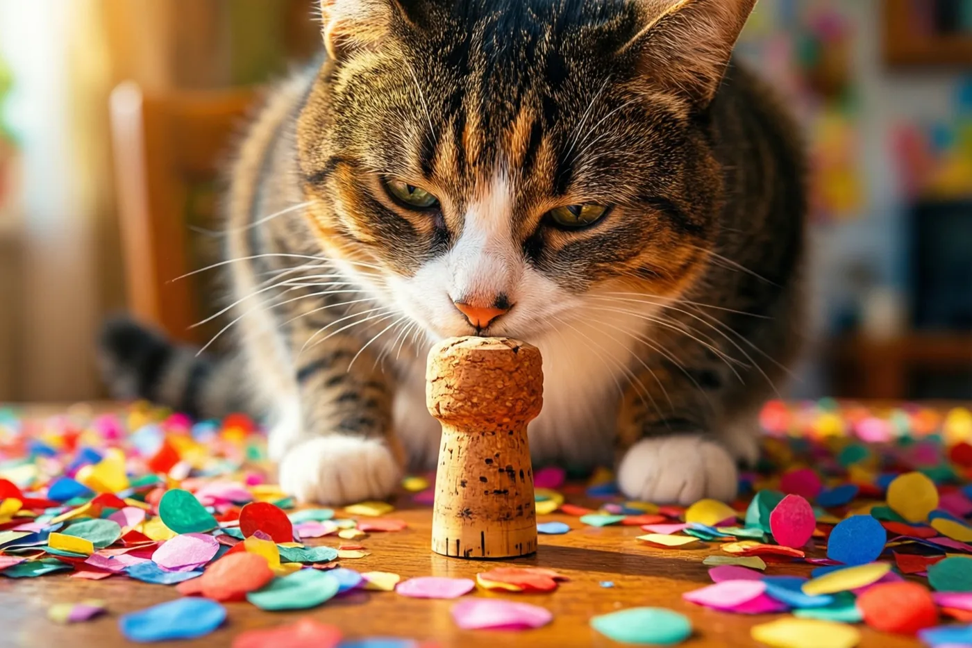 Een tijgerkat met witte pootjes snuffelt aan een rechtopstaande champagnekurk op een houten tafel vol kleurrijke confetti.
