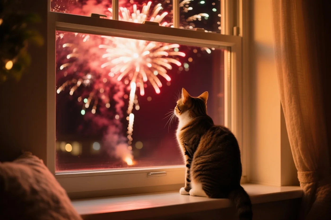 Een gestreepte kat met witte pootjes zit op een vensterbank en kijkt naar kleurrijk vuurwerk met rode en witte tinten aan de nachtelijke hemel, met warm gouden licht binnen.