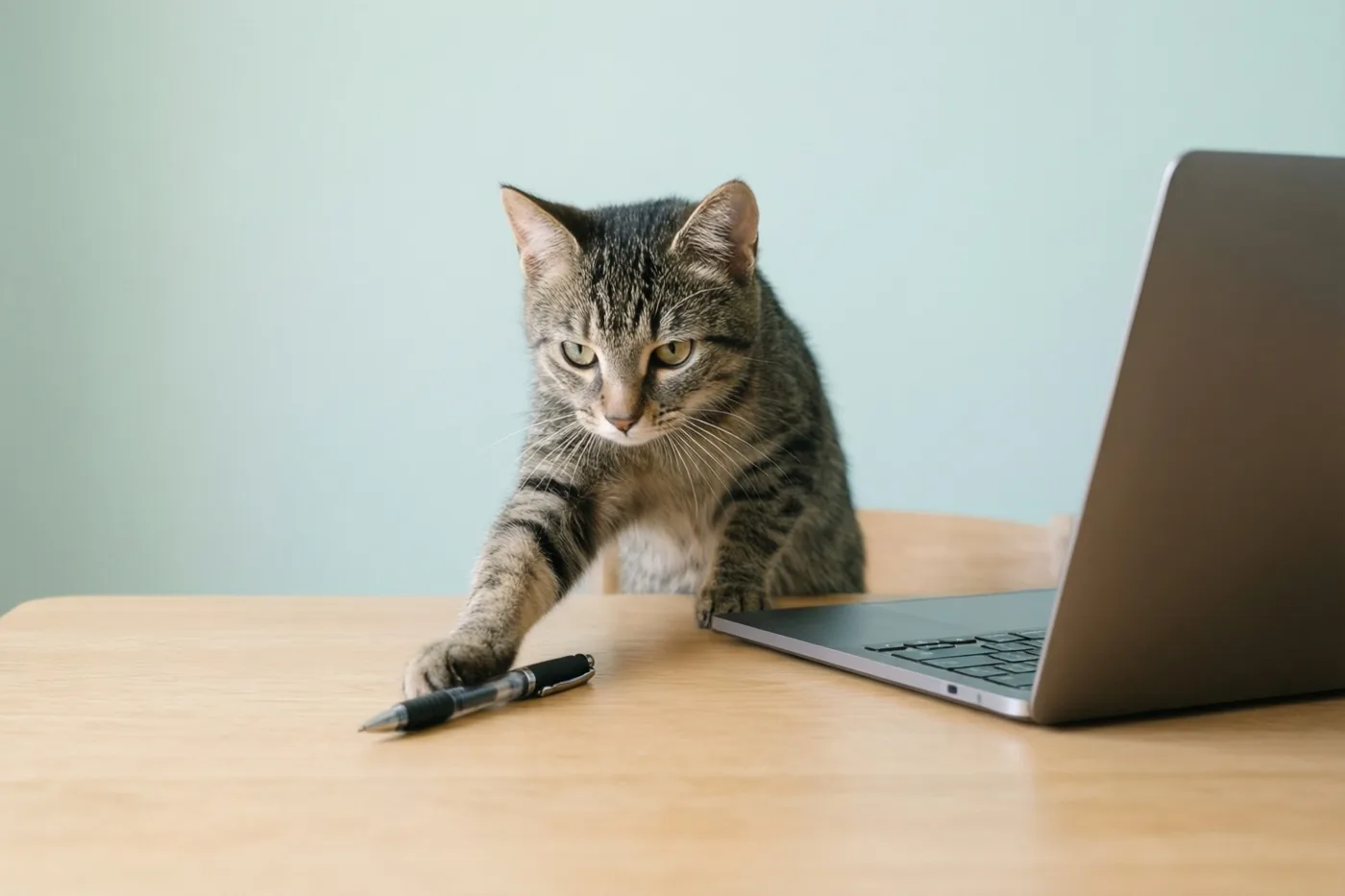 Een gestreepte kat zit aan een houten bureau en duwt met haar poot tegen een zwarte pen naast een open zilverkleurige laptop, voor een lichtblauwe muur.