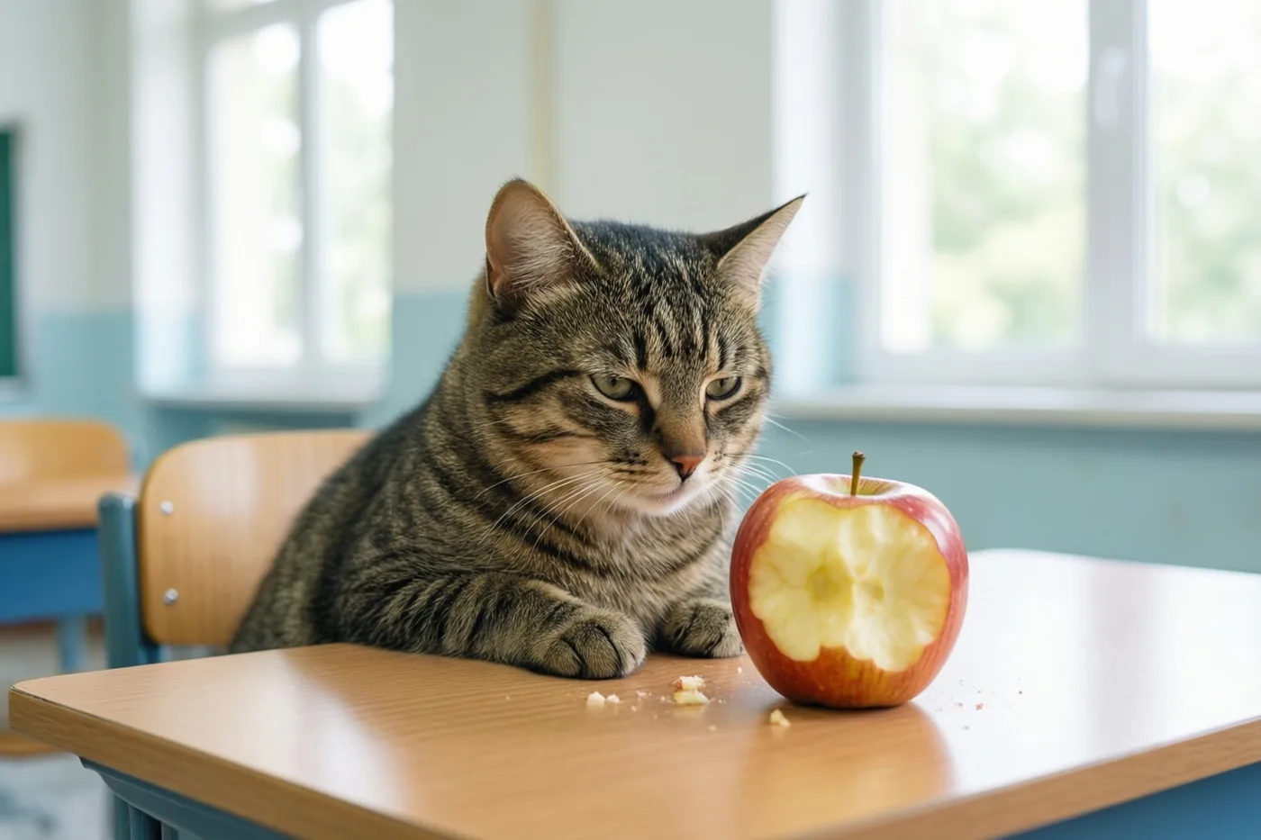 Een gestreepte kat zit op een houten schoolbank en kijkt schuldbewust naar een deels opgegeten rode appel naast zich, met ramen op de achtergrond.