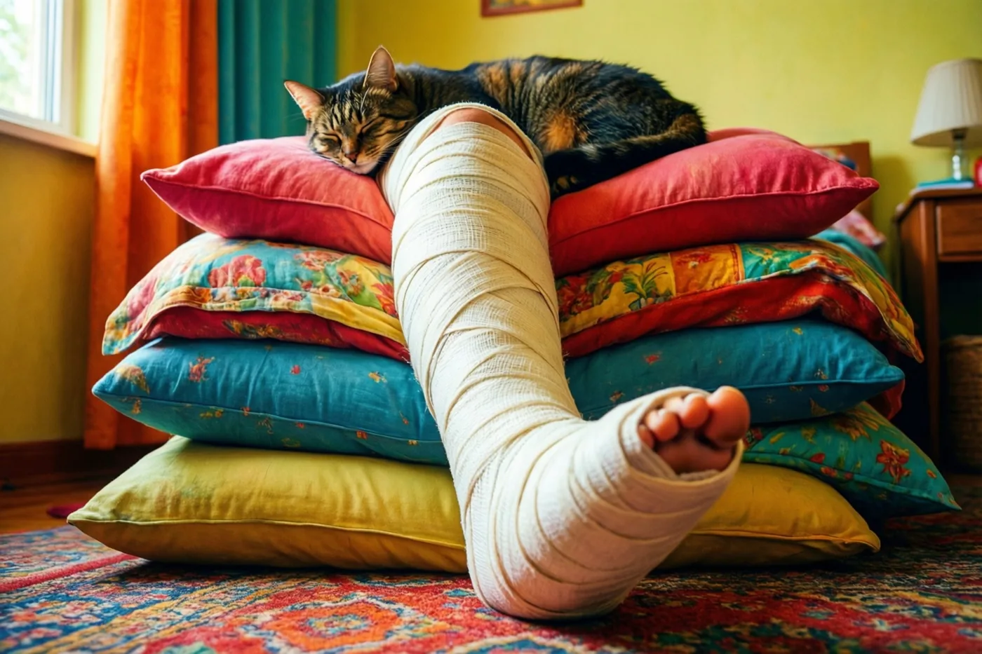 Een kat slaapt op een stapel kleurrijke kussens naast een hoger gelegd mensenbeen in het gips, in een warm verlichte kamer met een tapijt met motief en gordijnen.