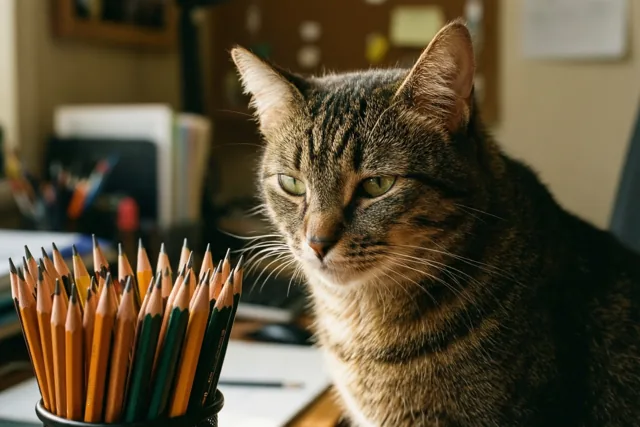 Een gestreepte kat zit op een studiebureau naast een beker met geslepen kleurpotloden, in warm licht met bruine, oranje en groene tinten.