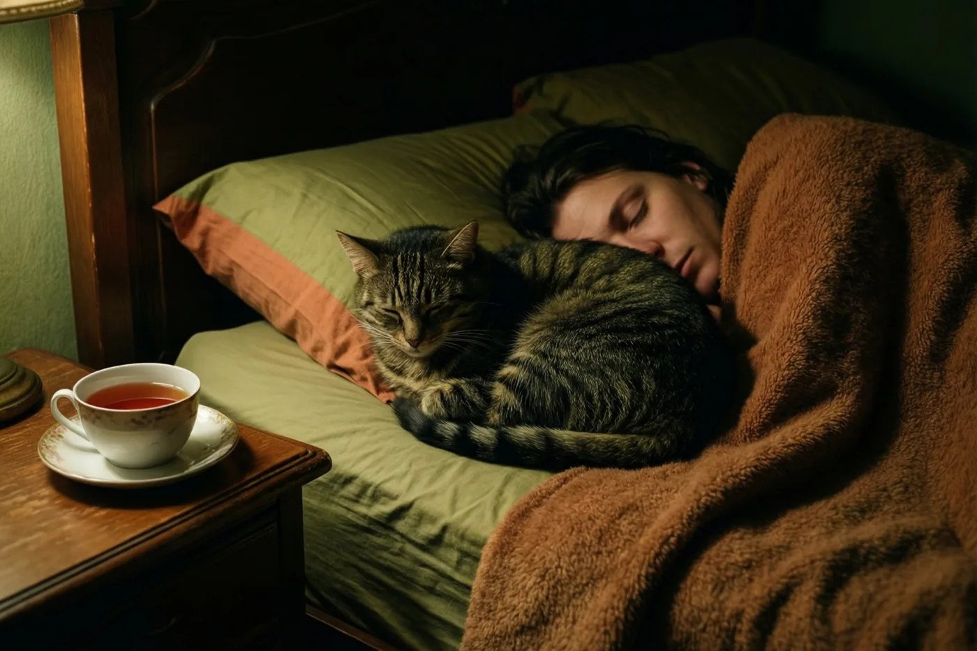 Een gestreepte kat slaapt opgekruld op bed naast iemand onder een bruine deken, met een kop thee op het houten nachtkastje in een schemerige slaapkamer.