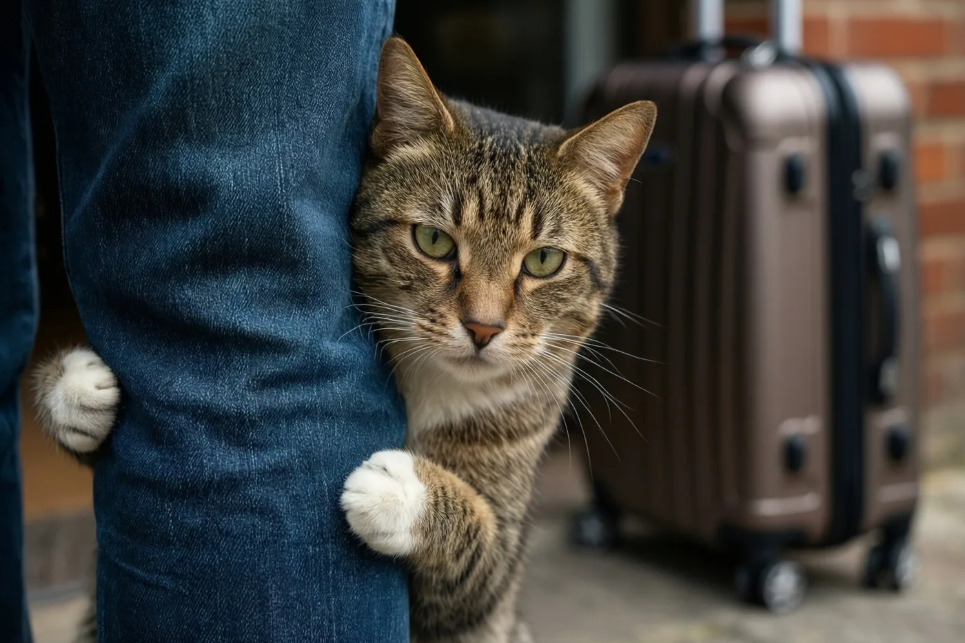 Een tijgerkat met witte poten klampt zich buiten vast aan het been van een persoon in blauwe jeans en kijkt erachter vandaan, naast een bruine koffer met een bakstenen muur op de achtergrond.