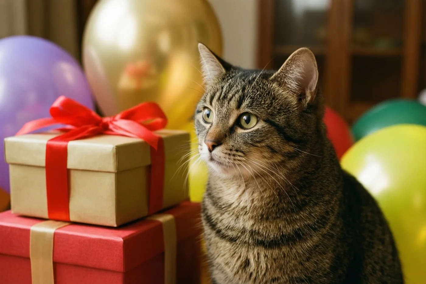 Een nieuwsgierige gestreepte kat zit naast gestapelde cadeaudozen met linten en kleurrijke ballonnen in warm licht met rode, gouden en groene tinten.