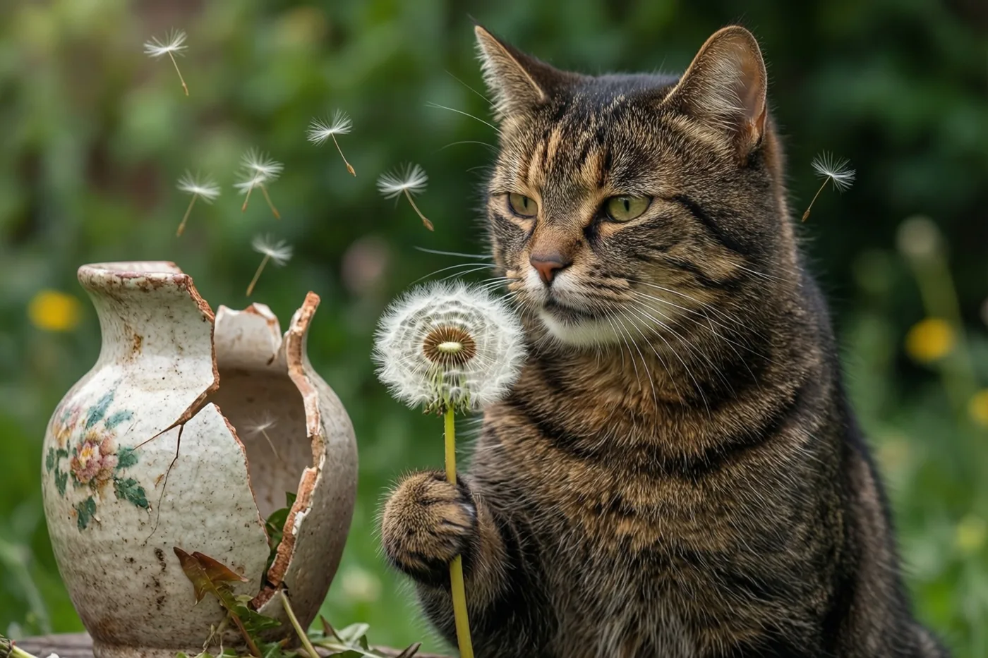 Een gestreepte kat houdt in een groene tuin een paardenbloem in haar poot naast een gebroken keramieken vaas met bloemenpatronen.