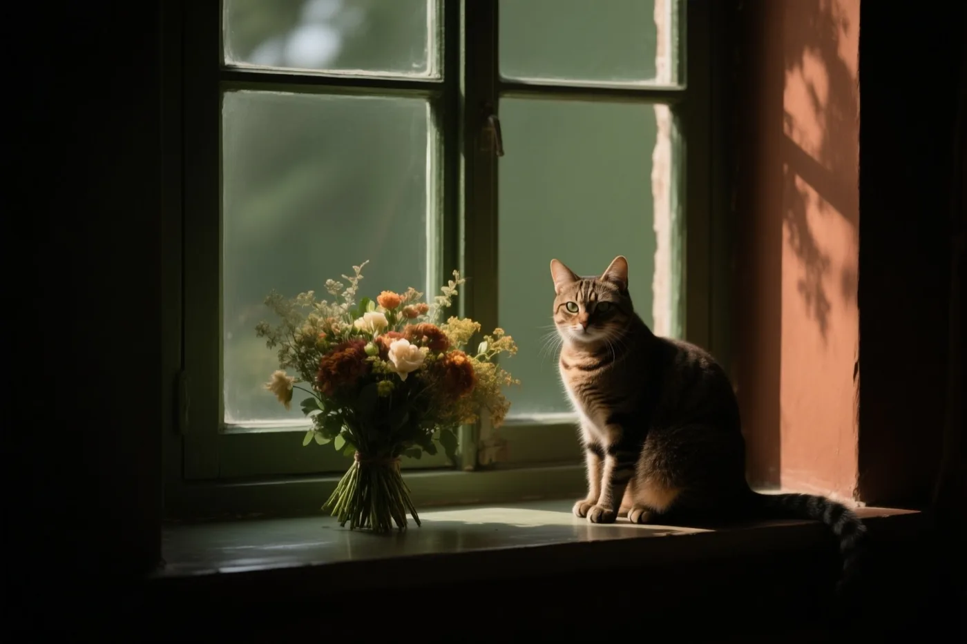 Een gestreepte kat zit naast een boeket herfstbloemen op een vensterbank in warm zonlicht, bij een groen raamkozijn en een terracottakleurige muur.