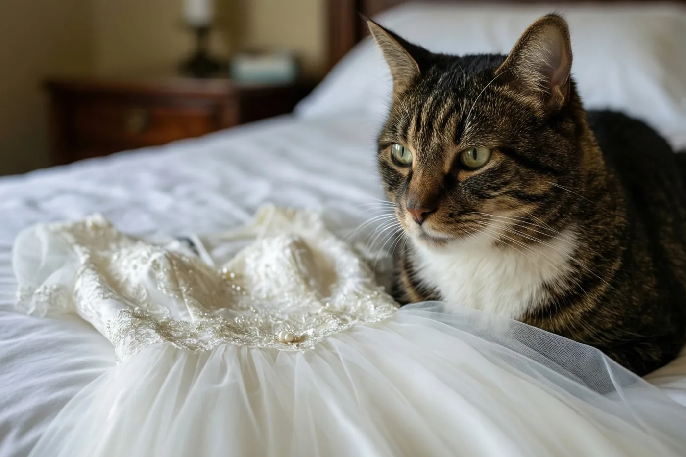 Een gestreepte kat met groene ogen zit op een bed naast een witte doopjurk met kant en parels in zacht licht.