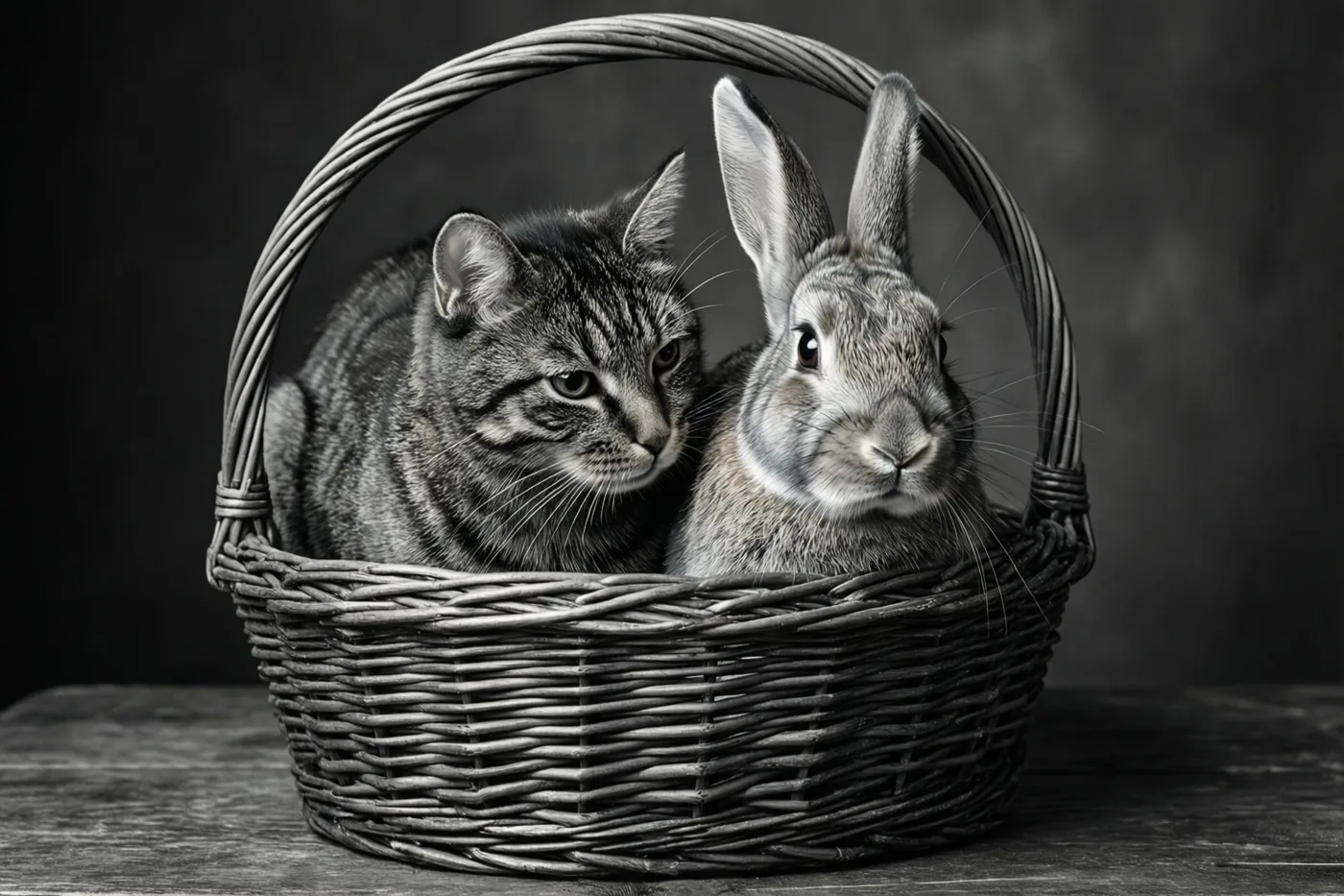 Een tijgerkat en een konijn zitten naast elkaar in een rieten mand op een houten oppervlak tegen een donkere achtergrond met textuur.
