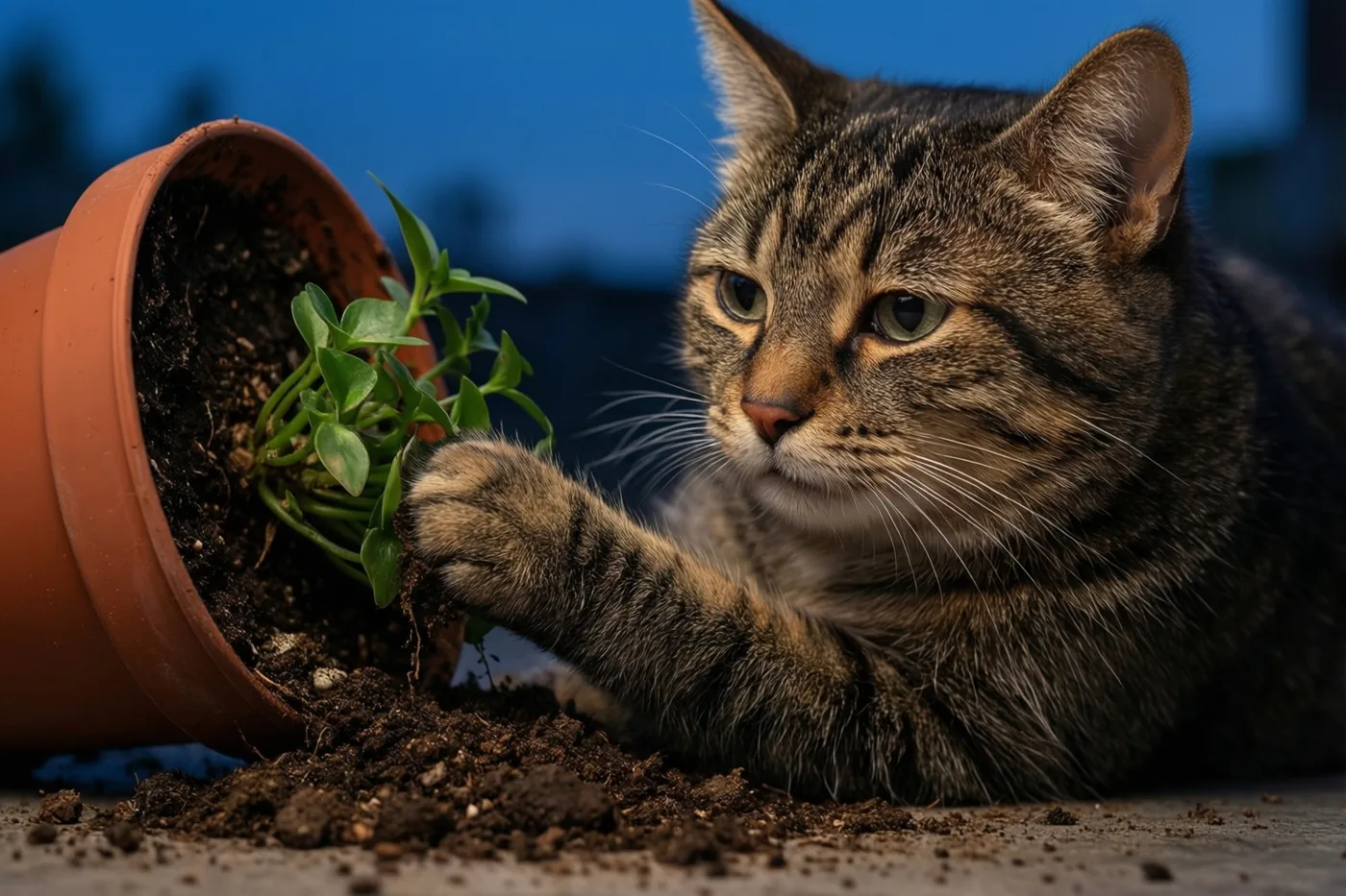 Een tijgerkat ligt op de grond met een poot op gemorste aarde naast een omgevallen terracotta pot met een klein groen plantje, tegen een wazige blauwe achtergrond.