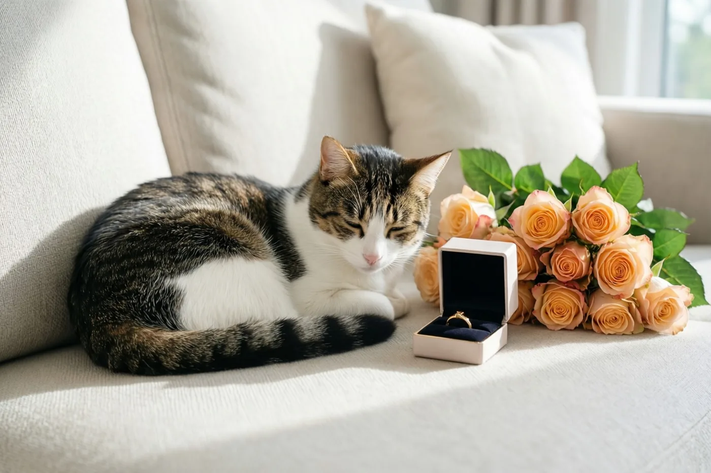 Een wit met gestreepte kat ligt opgekruld op een lichte zetel naast een open ringdoosje en een boeket perzikkleurige rozen in zacht daglicht.