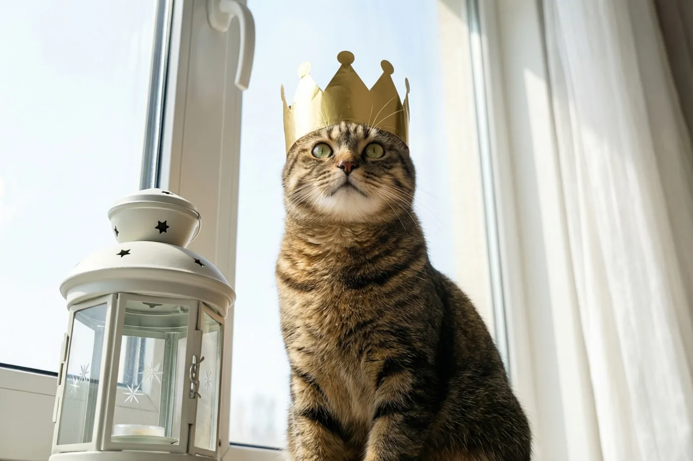 Een gestreepte kat met een gouden papieren kroon zit bij een raam naast een witte lantaarn met sterrenpatroon, in zacht daglicht met een heldere lucht op de achtergrond.