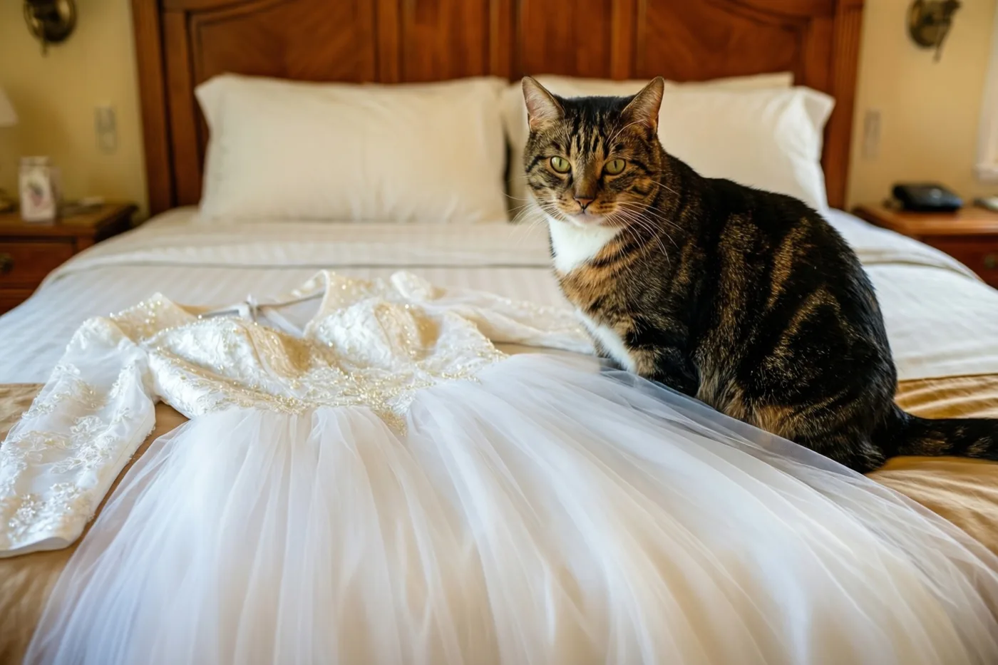 Een gestreepte kat zit op een bed naast een witte trouwjurk op de bedsprei in een warm verlichte slaapkamer met houten meubels en wit beddengoed.