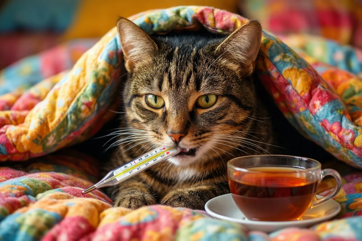 Een gestreepte kat ligt onder een kleurrijk gebloemd dekbed met een thermometer in de bek en een kop thee op een schoteltje ernaast.