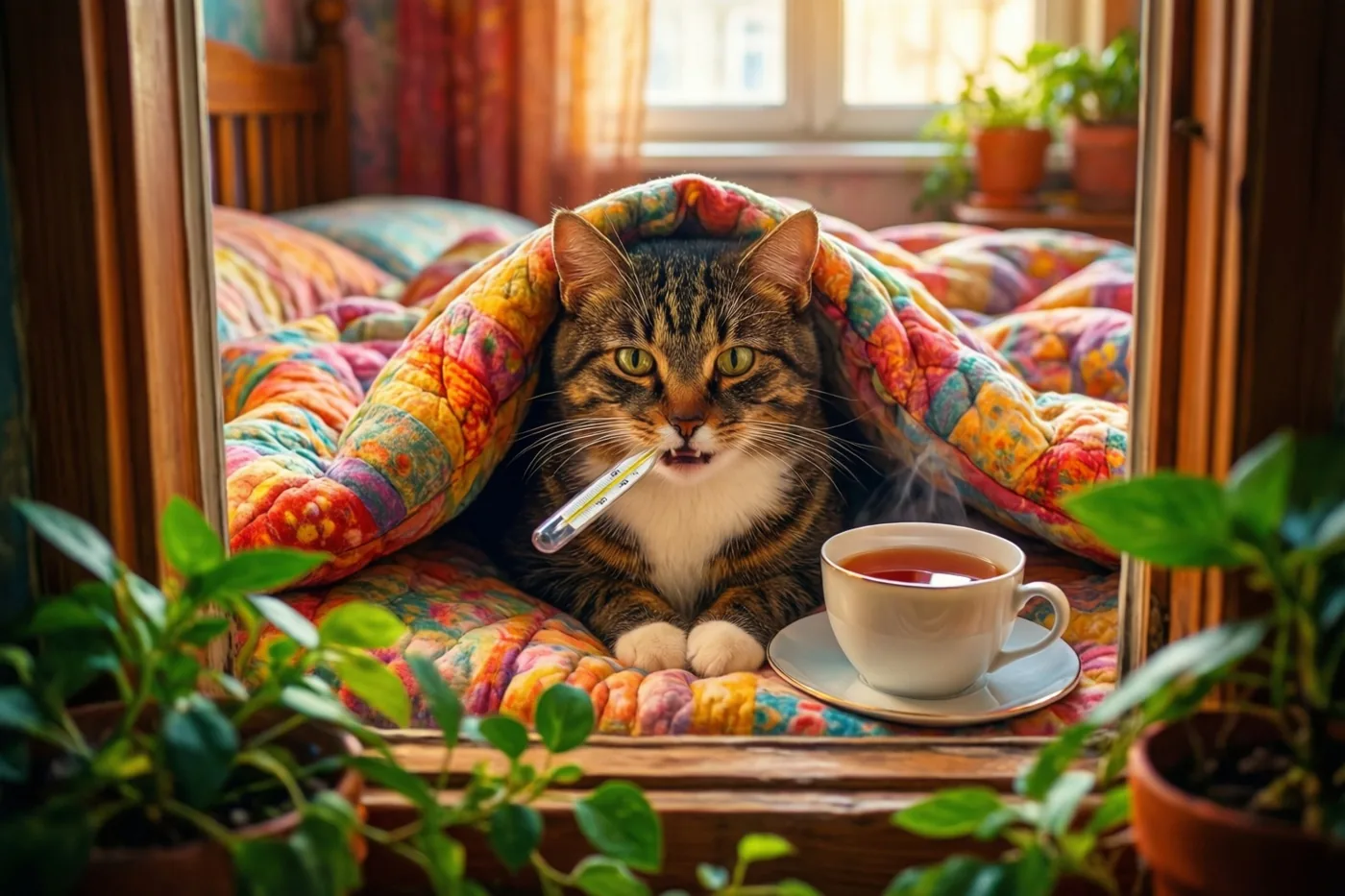 Een gestreepte kat ligt onder een kleurrijke quilt met een thermometer in de bek en een dampende kop thee ernaast, omringd door potplanten in het zonlicht.