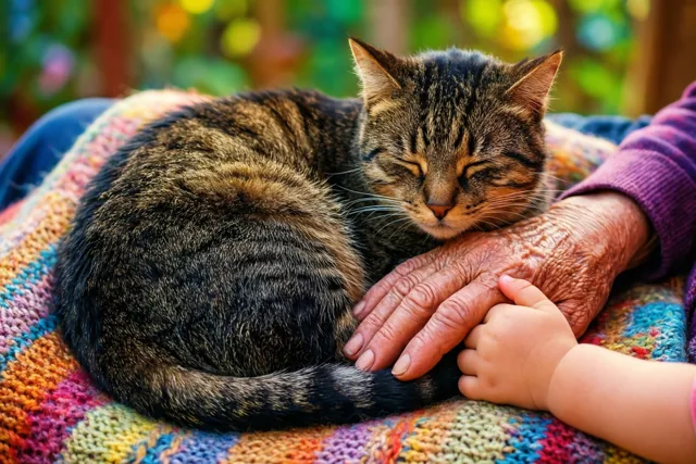 Samen met oma de kat aaien