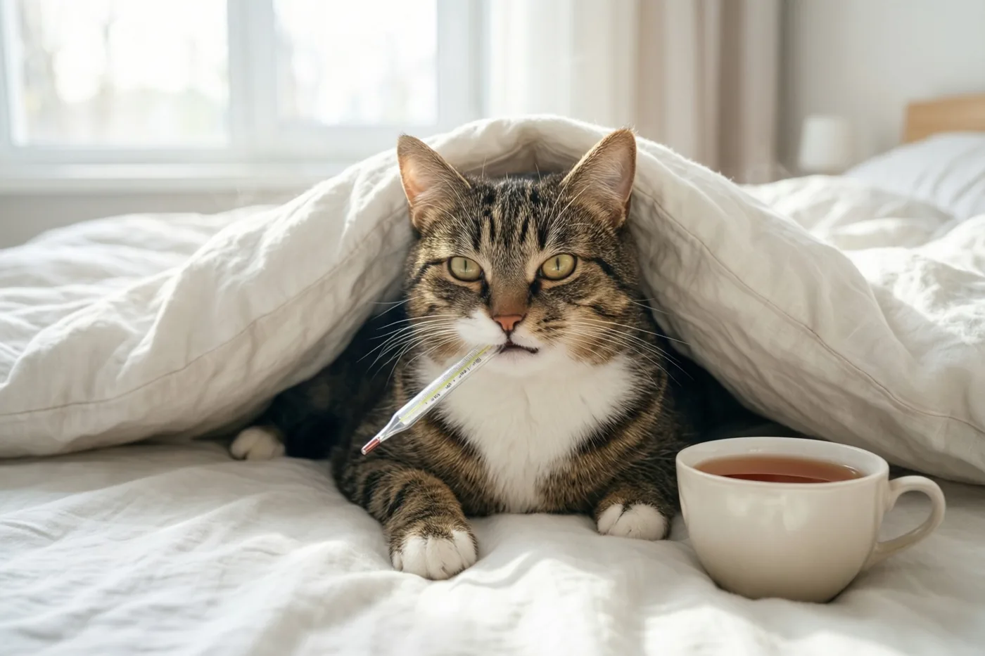 Een gestreepte kat met een witte borst ligt onder een wit dekbed met een thermometer in de bek en een witte kop thee ernaast.