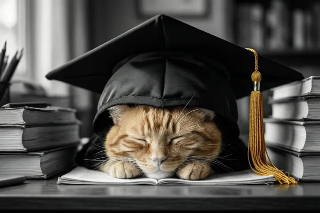 Diploma binnen, kat in dromenland