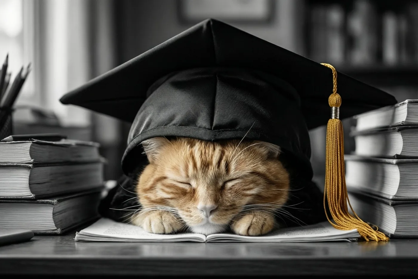 Een rosse kat slaapt met haar kop onder een zwarte afstudeerhoed op een open boek tussen stapels boeken, waarbij alleen haar vacht en de gouden kwast kleur hebben.