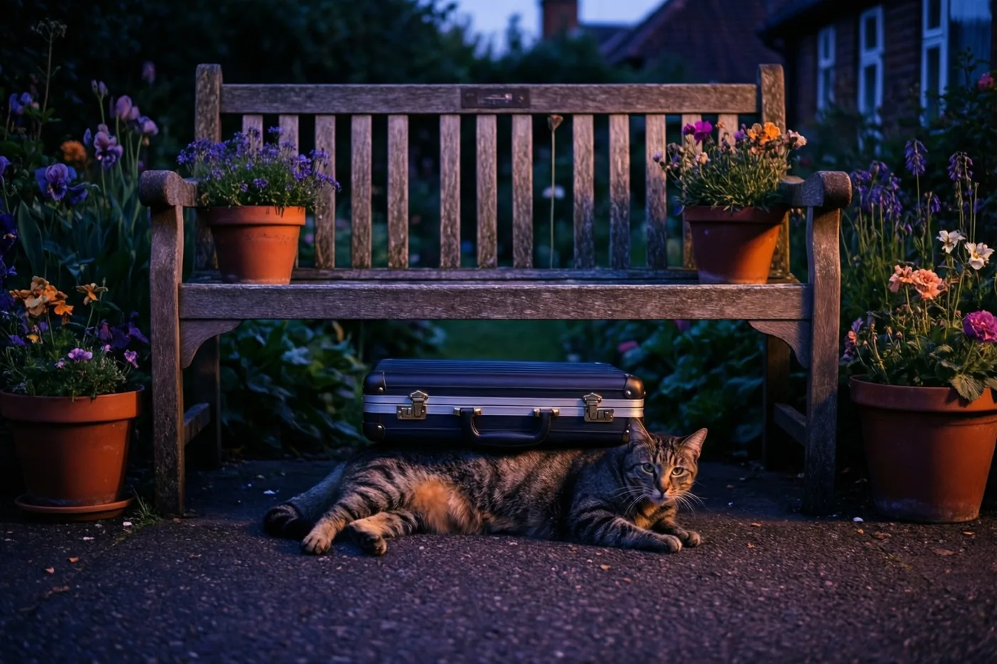 Een tijgerkat ligt languit op de grond en rust op een gesloten zwarte aktetas onder een houten tuinbank, tussen terracotta bloempotten met bloemen in paarsblauw avondlicht.