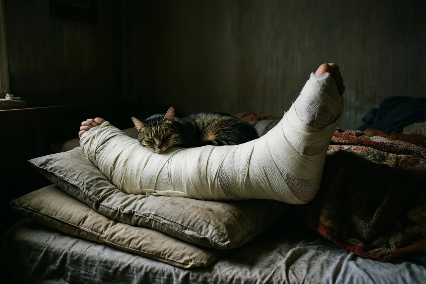 Een kat slaapt op een been in wit gips dat op een stapel versleten kussens rust, in een donkere, rustieke kamer met aardetinten.
