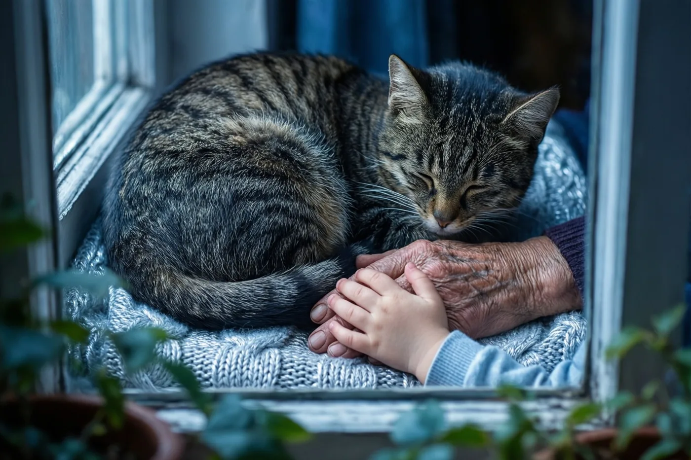 Een gestreepte kat ligt opgekruld op een gebreide deken bij een raam met zacht daglicht, naast een oude hand en een kleine kinderhand die samen rusten.
