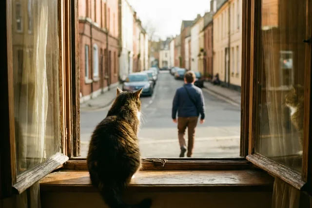 Een kattengroet achter het raam