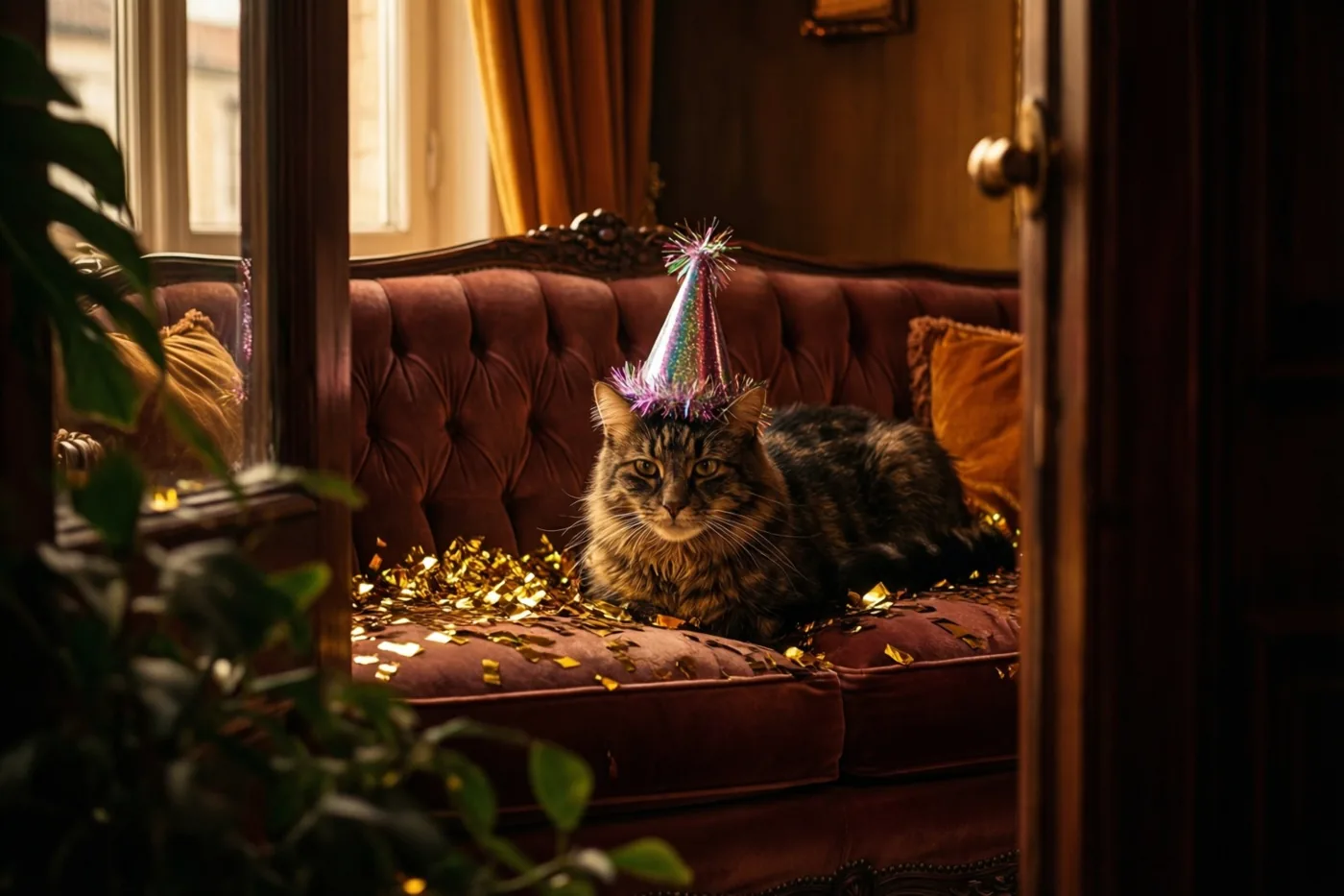 Een gestreepte kat met een glinsterend feesthoedje zit tussen gouden confetti op een rode fluwelen zetel, met een houten deurkozijn op de voorgrond.