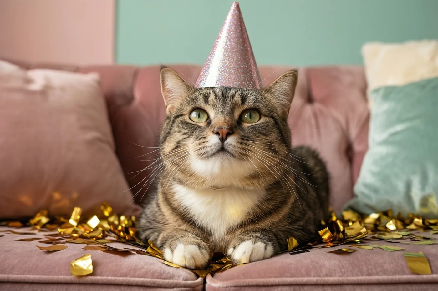 Een gestreepte kat met een glinsterend roze feesthoedje zit tussen gouden confetti op een roze fluwelen zetel, voor een roze en blauwgroene muur met bijpassende kussens.