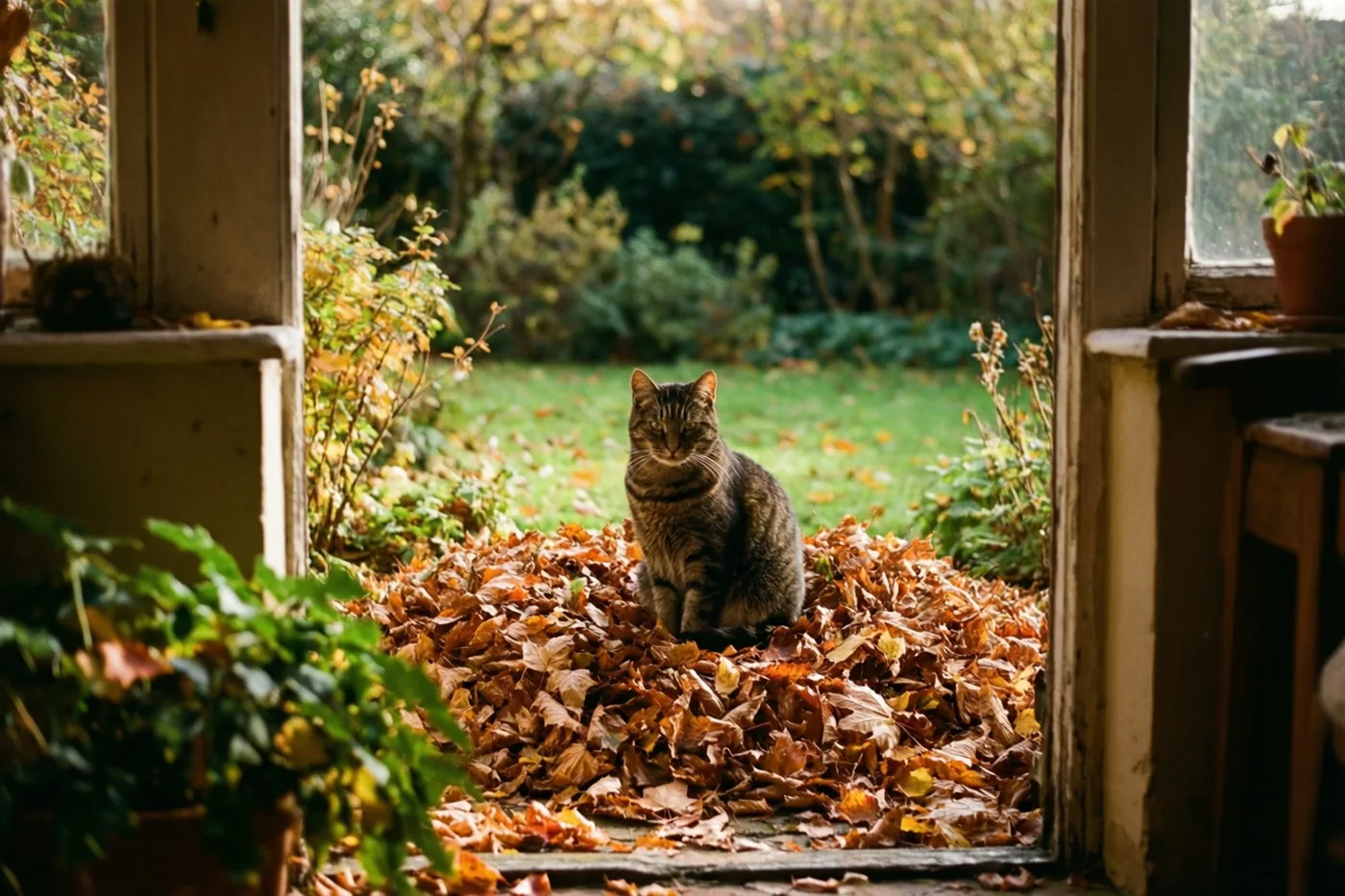 Een getijgerde kat zit tussen bruine herfstbladeren op een tuinpad, gezien door een open deur, met warm goudkleurig licht en groen op de achtergrond.