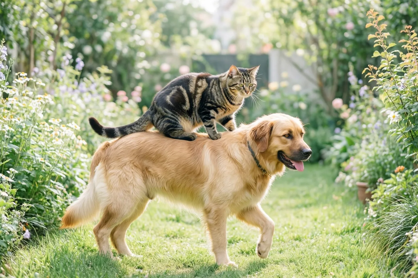 Een tijgerkat zit op de rug van een golden retriever die door een zonnige tuin met groen gras en bloeiende bloemen loopt.