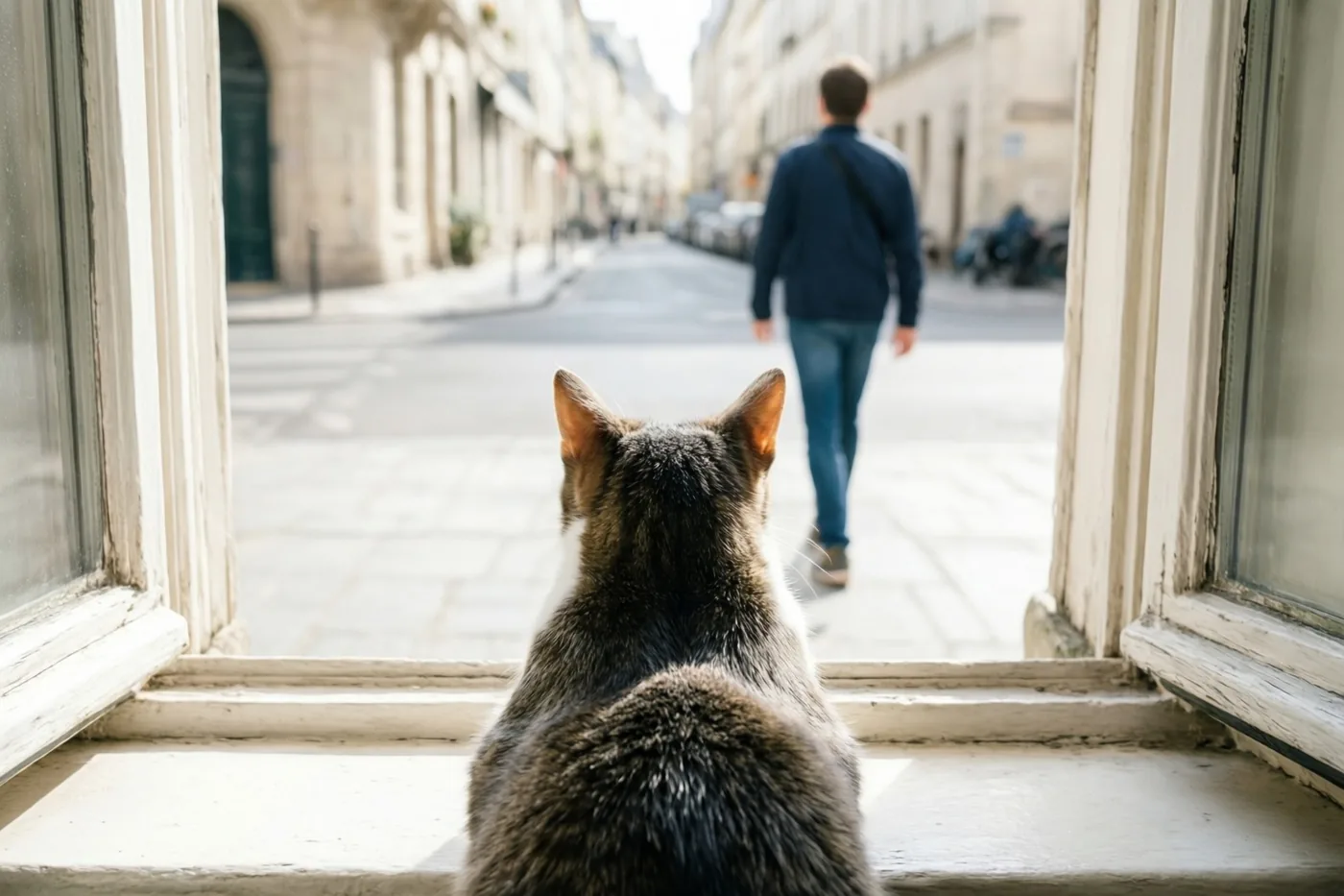 Een gestreepte kat zit met haar rug naar de kijker op een witte vensterbank en kijkt naar iemand die door een zonnige straat wegwandelt.