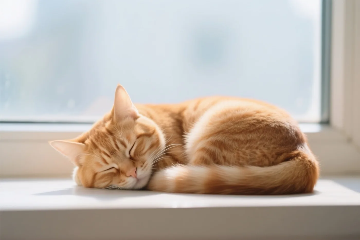 Een rosse kat ligt opgekruld te slapen op een witte vensterbank, met zonlicht door het raam en zachtblauw op de achtergrond.