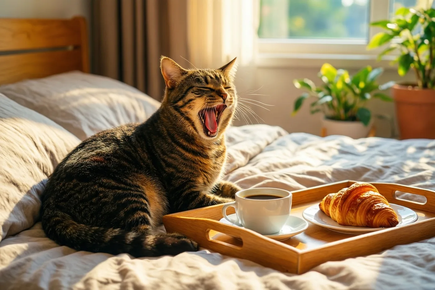 Een gestreepte kat zit geeuwend op een zonnig bed naast een houten dienblad met koffie en een croissant, met kamerplanten bij het raam.