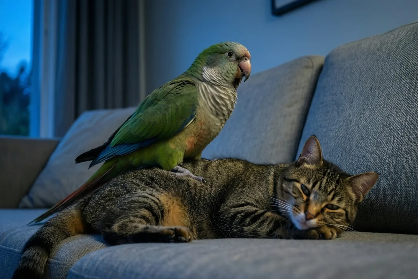 Een groene papegaai zit op de rug van een ontspannen gestreepte kat op een grijze zetel, in een schemerige kamer met blauw licht.