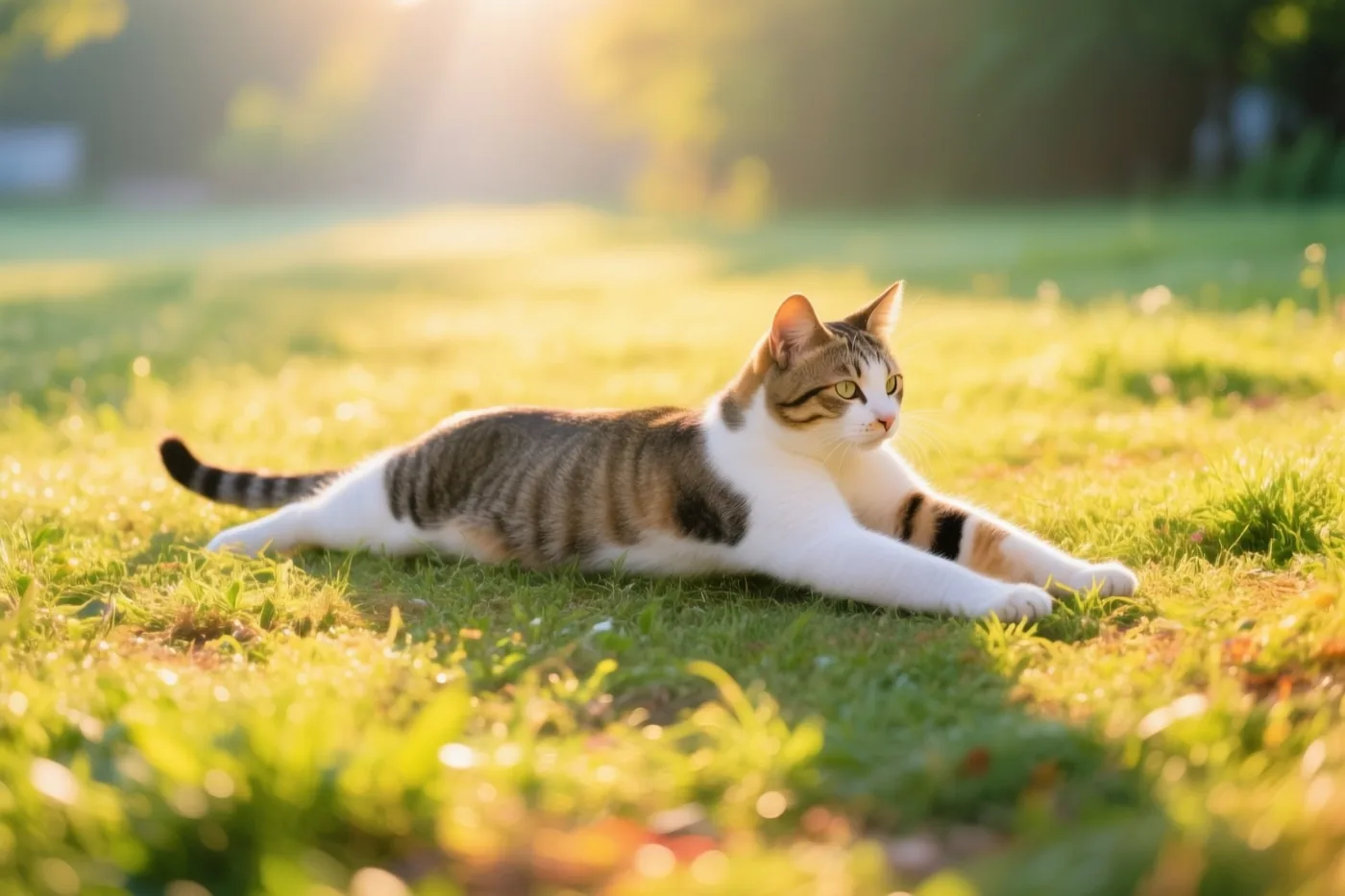 Een gestreepte kat met wit rekt zich uit op groen gras in warm gouden ochtendlicht.