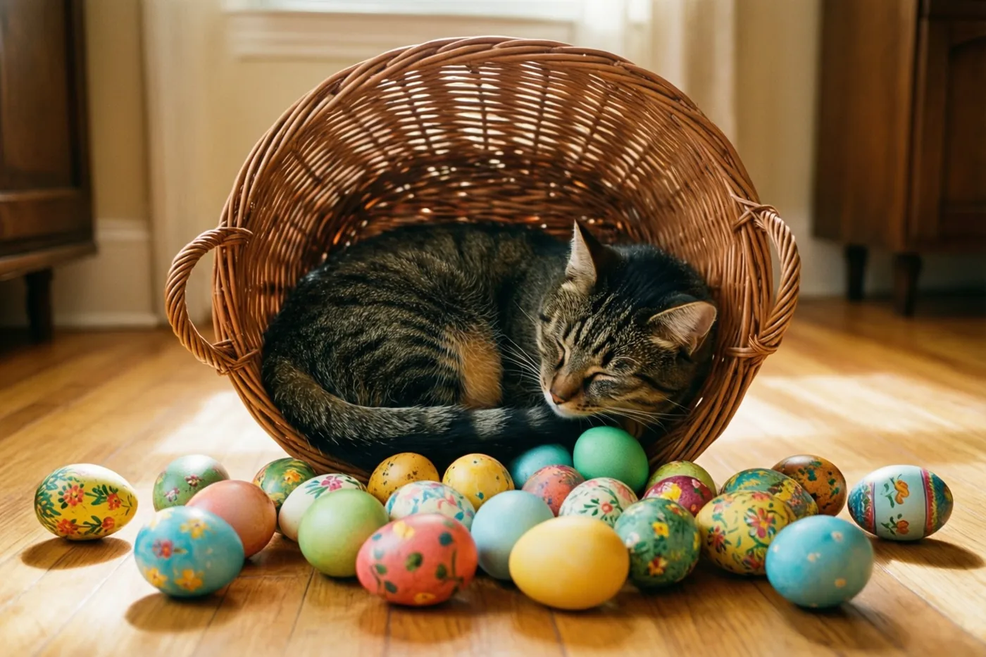 Een gestreepte kat slaapt opgekruld in een rieten mand, omringd door veel kleurrijk beschilderde paaseieren op een houten vloer in warm natuurlijk licht.