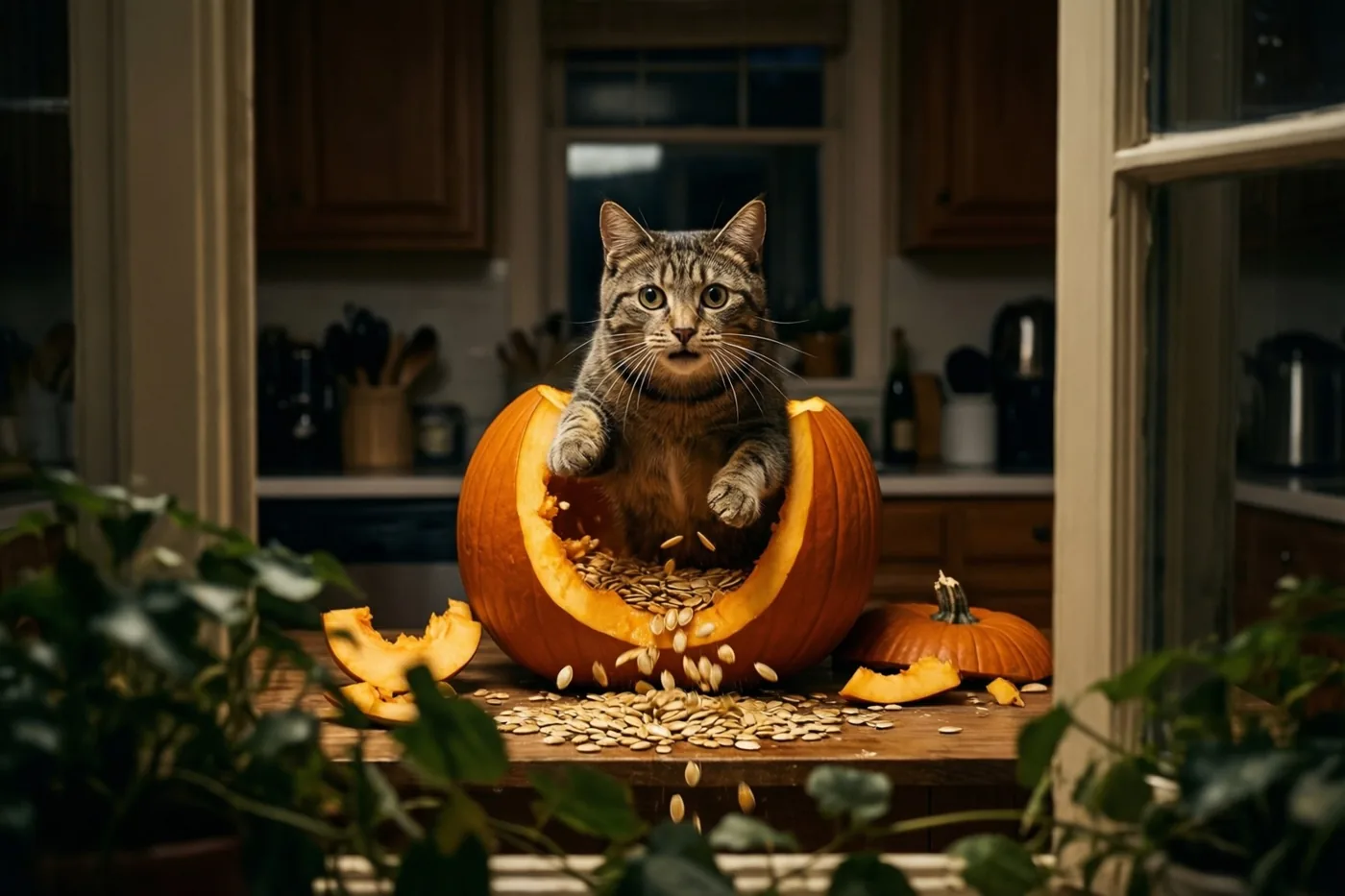 Een gestreepte kat springt uit een half uitgesneden pompoen op een houten keukentafel terwijl er pitten uit vallen, in een schaars en warm verlichte keuken.