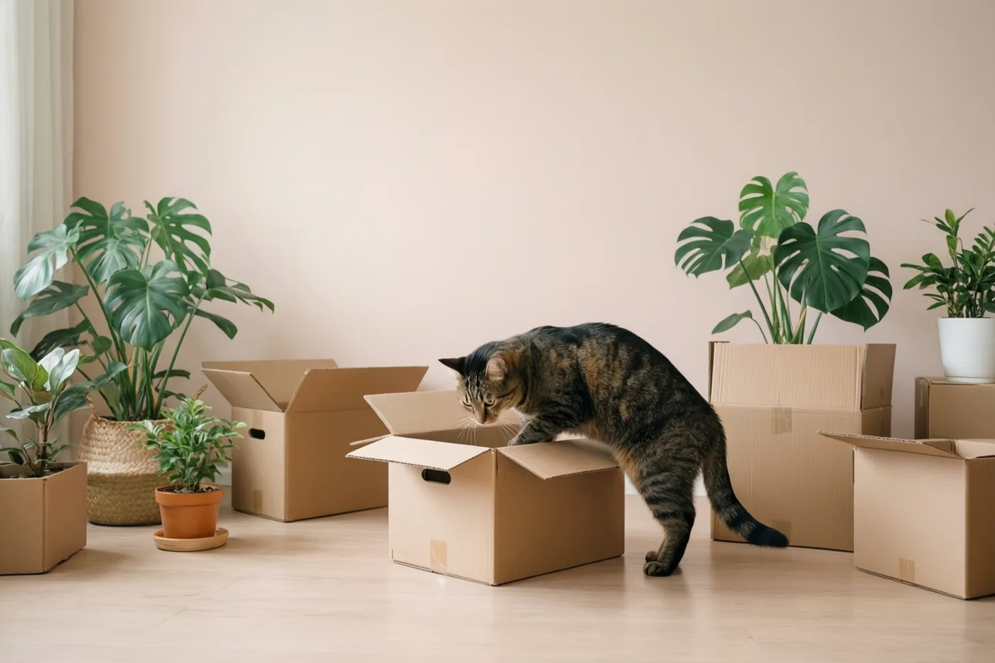 Een gestreepte kat stapt in een open kartonnen doos in een sober ingerichte kamer met een lichte houten vloer, bleke muren, andere dozen en potplanten.