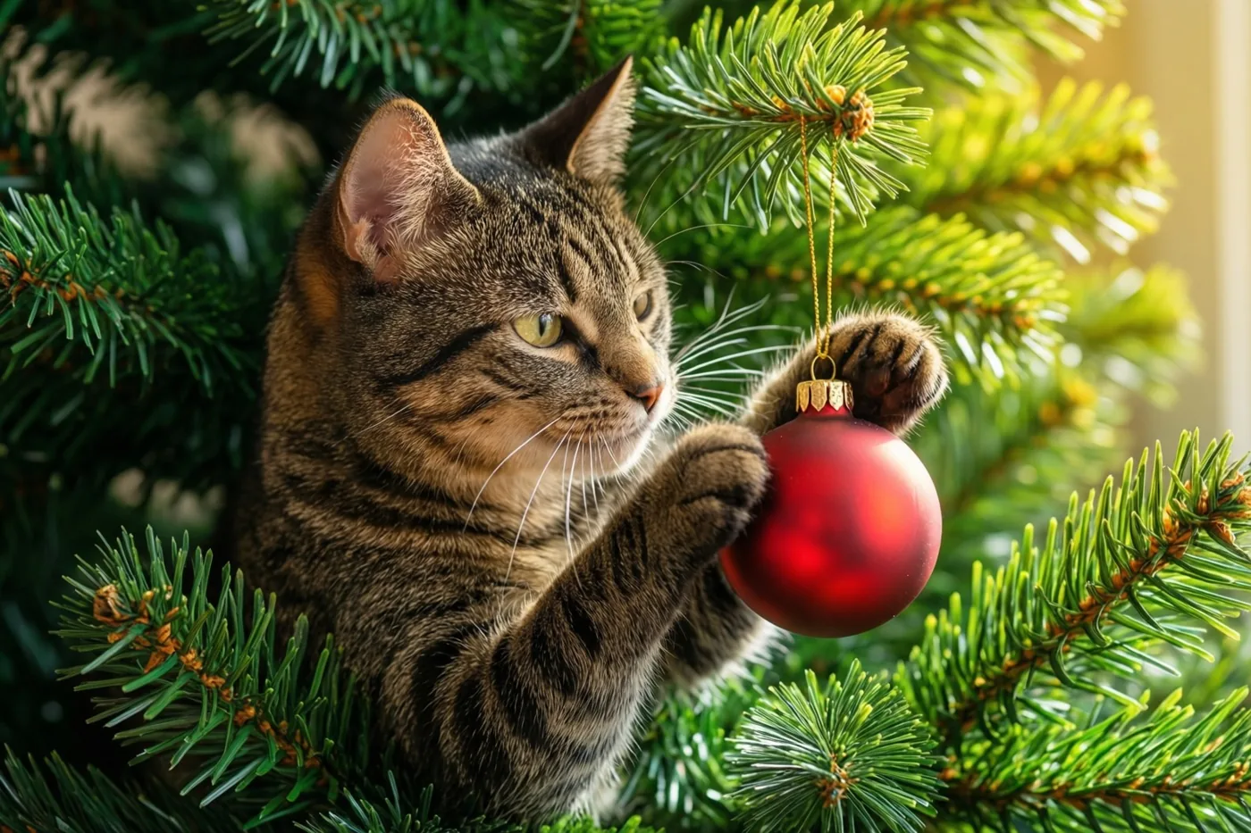 Een gestreepte kat tikt tegen een rode kerstbal aan de onderste tak van een groene dennenboom.