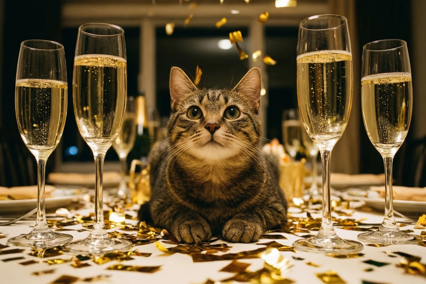 Een gestreepte kat zit midden op een witte tafel met gouden confetti, omringd door champagneglazen met bubbels in warm goudkleurig licht.