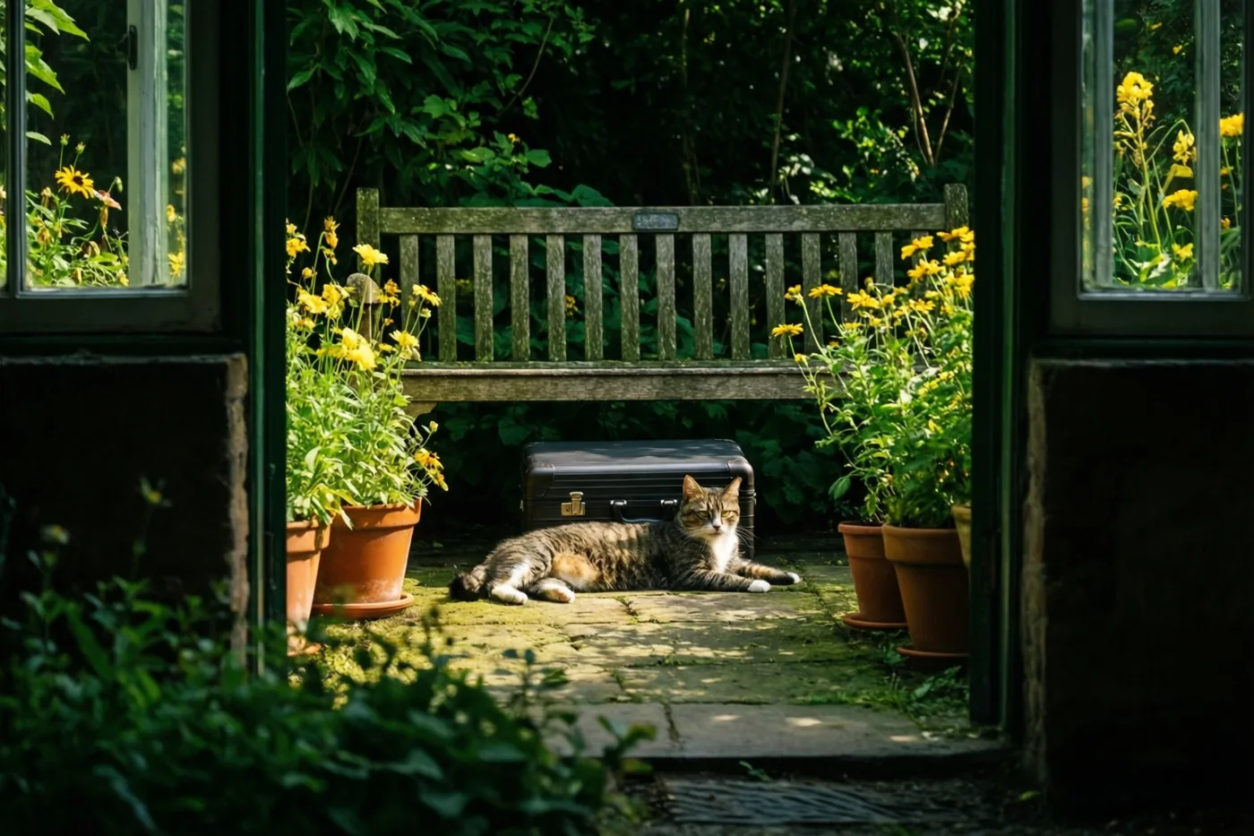 Door een open deuropening is een tijgerkat te zien die op een stenen terras op een gesloten zwarte aktetas onder een houten tuinbank rust, tussen gele potbloemen en groen in het zonlicht.