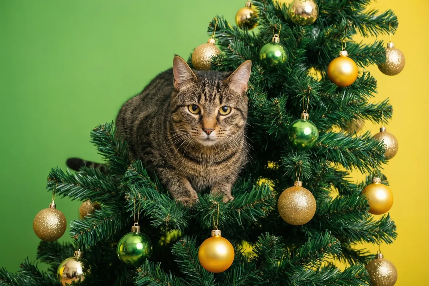 Een gestreepte kat zit tussen de takken van een kerstboom met gouden en groene kerstballen, tegen een groen-gele achtergrond.